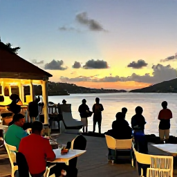 Caribbean Holidays, June Adventures, Relaxed visitors enjoying a lively Antigua harbour evening with local food, music and sunset views