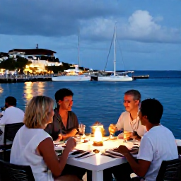 Caribbean Holidays, June Adventures, Travellers enjoying a relaxed evening meal at a waterfront restaurant in Sint Maarten, with boats in the marina