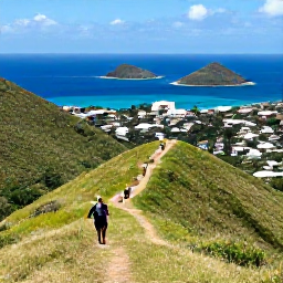 Caribbean Holidays, June Adventures, Visitors hiking through green coastal hills on Saint Martin, with a panoramic view of bright blue Caribbean water and nearby islands
