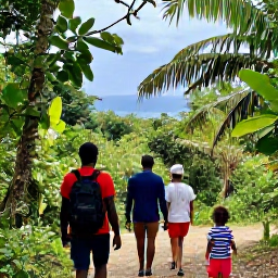 Caribbean Holidays, June Adventures, Visitors walking through Tobago rainforest towards a viewpoint, with tropical plants and distant blue sea