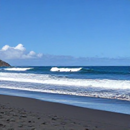 Caribbean Holidays, June Adventures, Windward coast of Saint Vincent with black volcanic sand beach, rolling waves and a small group of surfers in the distance