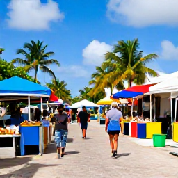 Caribbean Holidays, June All Inclusive, A colourful local market and relaxed island street scene in Providenciales, Turks and Caicos, with Caribbean food and friendly visitors