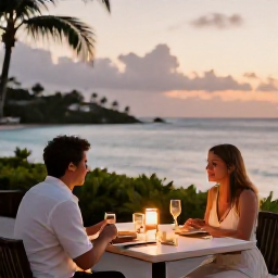 Caribbean Holidays, June All-Inclusive, A couple dining outdoors at a Caribbean restaurant overlooking the sea during a warm June evening