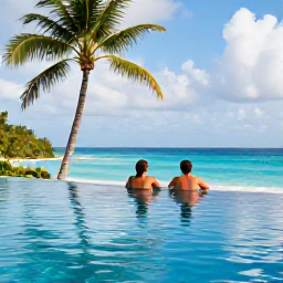 Caribbean Holidays, June All-Inclusive, A couple relaxing beside an infinity pool at a Caribbean all-inclusive resort in Saint Kitts, with palm trees and a view of the sea