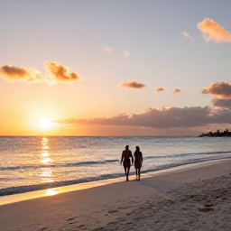 Caribbean Holidays, June All Inclusive, A couple walking along the quiet white sands of Grace Bay Beach at sunset, with calm sea and warm evening light