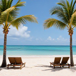 Caribbean Holidays, June All-Inclusive, A quiet Caribbean beach in June with white sand, calm turquoise sea, palm trees and comfortable sun loungers