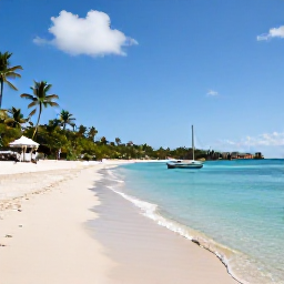 Caribbean Holidays, June All-Inclusive, A quiet golden-sand beach on Saint Kitts with calm turquoise water, palm trees and a small sailing boat offshore