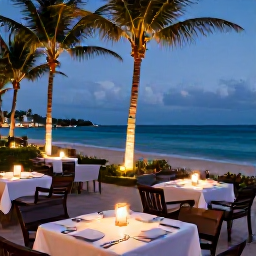Caribbean Holidays, June All-Inclusive, A relaxed Caribbean evening at a Saint Kitts and Nevis resort, with outdoor dining, soft lights and palm trees near the beach