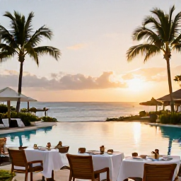 Caribbean Holidays, June All-Inclusive, An elegant all-inclusive resort in Saint Martin at sunset, with a pool, palm trees, outdoor dining and views across the Caribbean