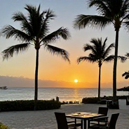 Caribbean Holidays, June All-Inclusive, Caribbean sunset over a beach resort in June with outdoor dining, soft evening light and palm silhouettes