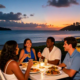 Caribbean Holidays, June All-Inclusive, Friendly Caribbean evening at an all-inclusive resort in Saint Vincent and the Grenadines, with outdoor dining, local food and sunset over the sea