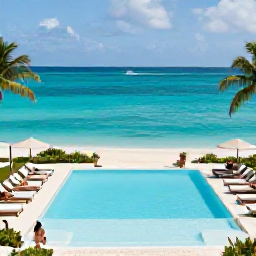 Caribbean Holidays, June All Inclusive, Guests relaxing beside an all-inclusive resort pool overlooking the turquoise Caribbean Sea in Providenciales, Turks and Caicos