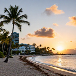 Caribbean Holidays, June All-Inclusive Holidays, A peaceful sunset over a palm-fringed beach beside an all-inclusive resort in the United States Virgin Islands