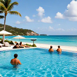 Caribbean Holidays, June All-Inclusive Holidays, Guests enjoying a calm all-inclusive resort pool overlooking the Caribbean Sea in St Thomas, United States Virgin Islands