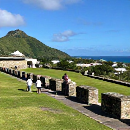 Caribbean Holidays, June All-Inclusive, Visitors exploring the historic Brimstone Hill Fortress on Saint Kitts, with stone walls, green hills and panoramic Caribbean views