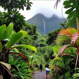 Caribbean Holidays, June All-Inclusive, Visitors hiking through lush rainforest on Saint Vincent, with tropical plants, a waterfall and misty green volcanic slopes