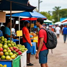 Caribbean Holidays, June Backpacking, A backpacker exploring a lively Trinidad street market in June, with colourful stalls, tropical fruit and local people