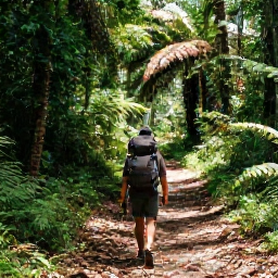 Caribbean Holidays, June Backpacking, A backpacker walking through Tobago rainforest on a shaded trail, with tall trees, ferns and filtered sunlight