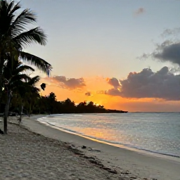 Caribbean Holidays, June Backpacking, A relaxed Caribbean beach in Tobago at sunset, with a lone backpack, calm turquoise water and palm trees
