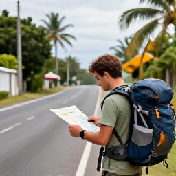 Caribbean Holidays, June Backpacking, A well-prepared backpacker checking a small map beside a tropical road in Trinidad and Tobago