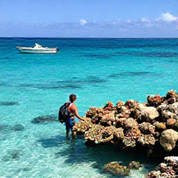 Caribbean Holidays, June Backpacking Bahamas, Backpacker exploring a bright coral reef beside a small boat in clear Bahamian water