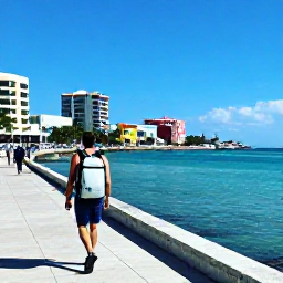 Caribbean Holidays, June Backpacking Bahamas, Backpacker walking along a sunny Nassau waterfront with turquoise sea, colourful buildings and a light travel pack