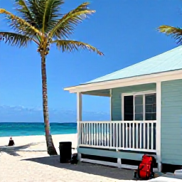 Caribbean Holidays, June Backpacking Bahamas, Budget-friendly Bahamian guesthouse near a palm-lined beach, with a backpack resting outside