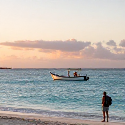 Caribbean Holidays, June Backpacking Bahamas, Small fishing boat approaching a quiet Bahamian cay at sunset, with calm turquoise water and a backpacker on the shore