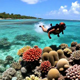 Caribbean Holidays, June Backpacking Caribbean, Backpacker snorkelling above a colourful Caribbean coral reef in clear shallow water, tropical island coastline, realistic travel photography
