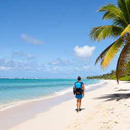 Caribbean Holidays, June Backpacking Caribbean, Backpacker walking along a quiet Caribbean beach in June, turquoise sea and tropical palms, realistic travel photography