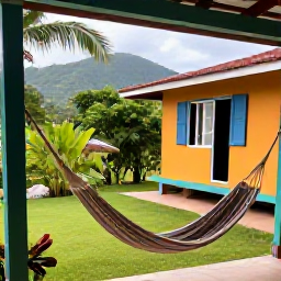 Caribbean Holidays, June Backpacking Caribbean, Budget backpacker staying in a colourful Caribbean guesthouse, hammock on veranda, tropical garden and island hills beyond, realistic travel photography