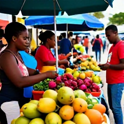 Caribbean Holidays, June Backpacking Caribbean, Colourful Caribbean street market in June with local fruit, spices, friendly vendors and backpackers exploring, realistic photography