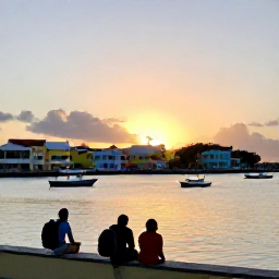 Caribbean Holidays, June Backpacking Caribbean, Sunset over a Caribbean harbour with small boats, pastel buildings and backpackers watching from the waterfront, realistic travel photography