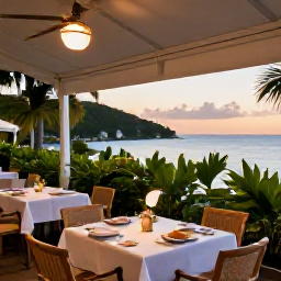 Caribbean Holidays, June Beach Holidays, A French-Caribbean beach restaurant in Saint Martin serving fresh seafood beside the sea at sunset, outdoor tables, tropical plants and warm evening light