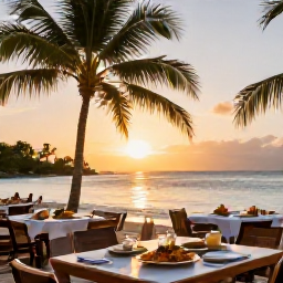 Caribbean Holidays, June Beach Holidays, A friendly outdoor beach restaurant in Saint Kitts at sunset, serving fresh Caribbean food with palm trees and the sea beyond