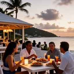 Caribbean Holidays, June Beach Holidays, A relaxed beachfront restaurant in the British Virgin Islands at sunset, with diners enjoying fresh seafood and island drinks