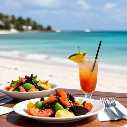 Caribbean Holidays, June Beach Holidays, A relaxed outdoor table at a Saint Barth&eacute;lemy beachside restaurant in June, fresh seafood, colourful salad, tropical drinks and a gentle sea view