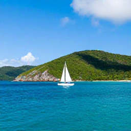 Caribbean Holidays, June Beach Holidays, A small sailing boat cruising between the green islands of the British Virgin Islands under a sunny June sky