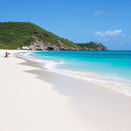 Caribbean Holidays, June Beach Holidays, A wide turquoise beach on Saint Barth&eacute;lemy in June, with soft white sand, green hills and a few relaxed holidaymakers