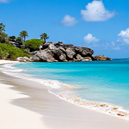 Caribbean Holidays, June Beach Holidays, Anse des Salines beach in Saint Barth&eacute;lemy, calm turquoise sea, pale sand, rocky headland and tropical vegetation under a bright June sky