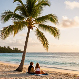 Caribbean Holidays, June Beach Holidays, Couple relaxing under a palm tree beside a quiet Tobago beach in June, warm evening light and calm Caribbean sea