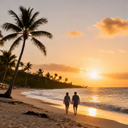 Caribbean Holidays, June Beach Holidays, Couple walking along a peaceful Dominican Republic beach at sunset in June, with golden light, palm silhouettes and gentle waves
