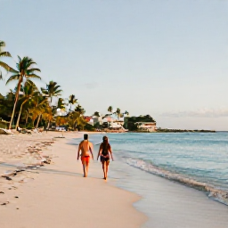 Caribbean Holidays, June Beach Holidays, Couple walking along a quiet Caribbean beach in Saint Martin and Sint Maarten in June, golden evening light, calm turquoise water and palm-lined shore