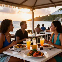 Caribbean Holidays, June Beach Holidays, Friendly outdoor restaurant in Tobago at sunset, Caribbean dishes, fresh seafood, colourful drinks and relaxed diners