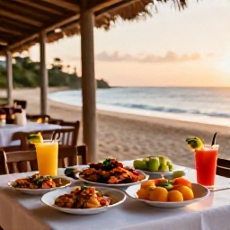 Caribbean Holidays, June Beach Holidays, Open-air Dominican Republic restaurant beside the beach, serving fresh seafood and tropical fruit at a table in warm evening light