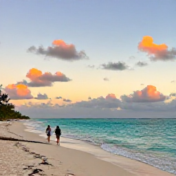 Caribbean Holidays, June Beach Holidays, Peaceful sunset over a turquoise beach in Turks and Caicos, with a couple walking along the shoreline and soft clouds overhead