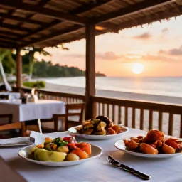 Caribbean Holidays, June Beach Holidays, Relaxed outdoor restaurant beside the beach in Providenciales at sunset, with Caribbean dishes, fresh seafood and warm evening light