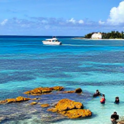 Caribbean Holidays, June Beach Holidays, Small boat cruising over clear blue water near Providenciales, with snorkellers exploring a colourful reef and rocky cays in the background