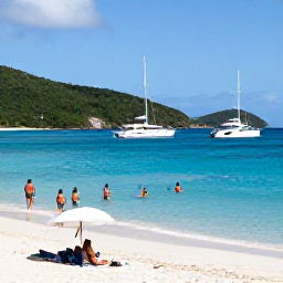 Caribbean Holidays, June Beach Holidays, Travellers swimming and relaxing on a beautiful British Virgin Islands beach, with yachts anchored offshore and green hills in the background