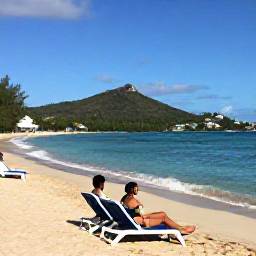 Caribbean Holidays, June Beach Holidays, Visitors relaxing on golden sand at Frigate Bay in Saint Kitts, with calm blue water, sun loungers and green hills in the distance